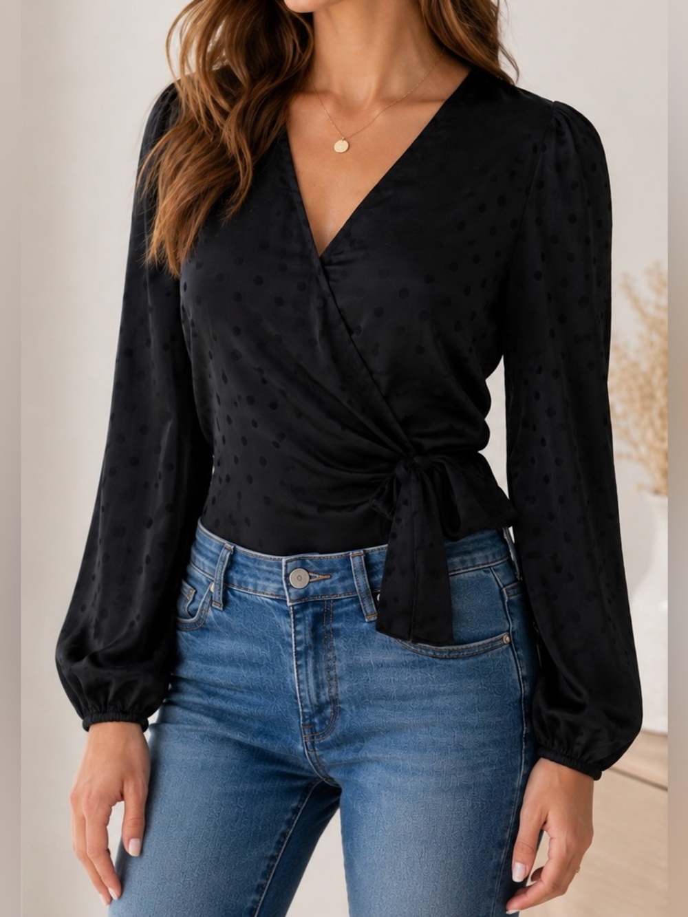 Lucy Paris Two Toned Black Polka Dot Wrap Blouse - Size XS
